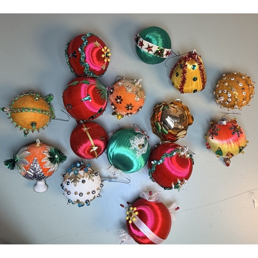 Vtg. Christmas Ornaments Lot 14 Satin Beaded Sequin Handmade Retro Kitsch 1960's